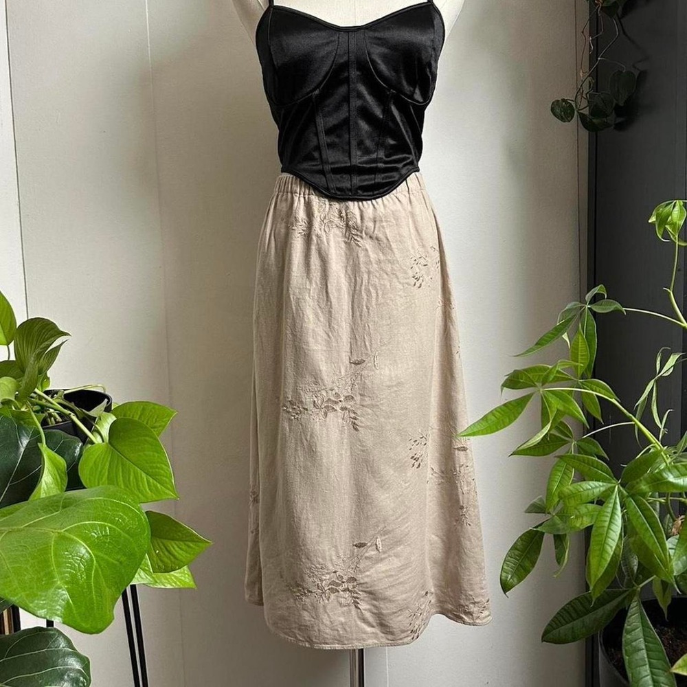 Vintage 80s Handmade Cotton Embroidered Skirt Oatmeal Cream XS S Cottagecore